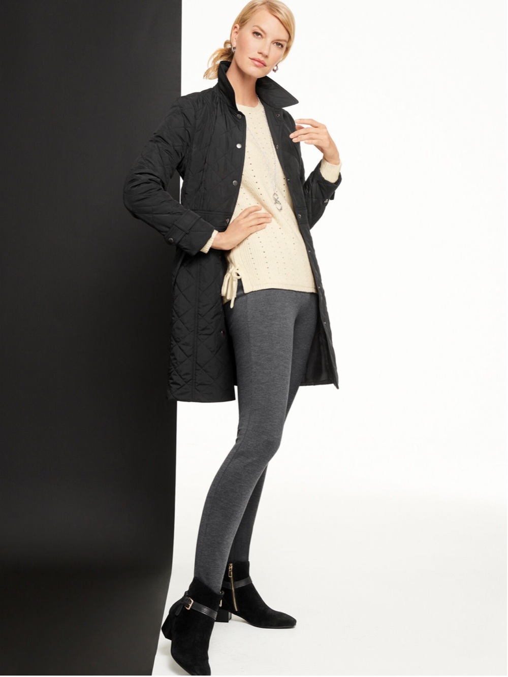 Talbots Plus 2X Black Quilted Long Coat Jacket Snap Front